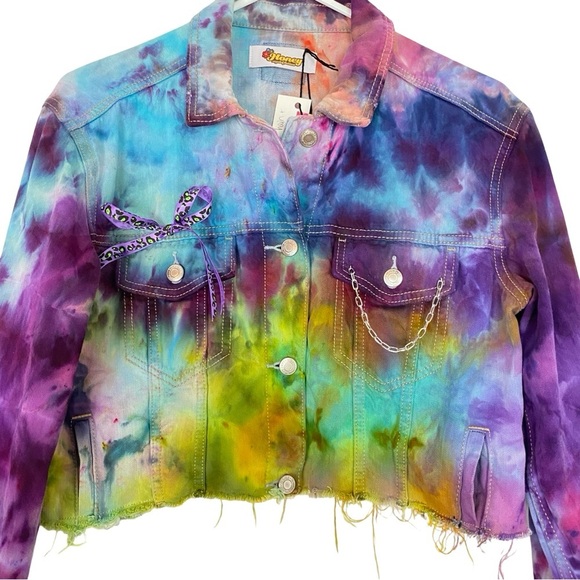 Handmade Tie Dye Jean Jacket Womens Size Medium Cropped Upcycled Colorful Denim - Picture 2 of 13